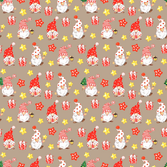 Seamless festive pattern with gnomes, striped hats, stars, gifts, and flowers on a brown background.