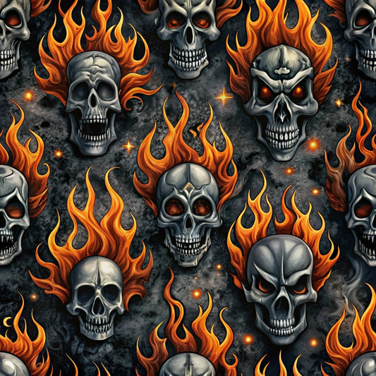 orange flames, gray skulls, black background, rock and roll, gothic pattern, fire motifs, metallic gray, bright orange, dark aesthetic, skull design, flame pattern, edgy style, quilting cotton, fabric panel, biker theme, heavy metal, repeating pattern, dramatic imagery, fiery skulls, alternative fashion