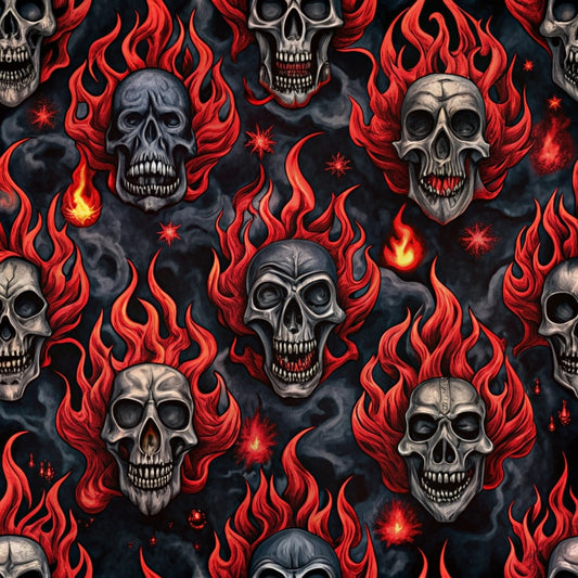 skulls, flames, red, orange, black, gray, gothic, rock and roll, fire motifs, dark aesthetic, repeating pattern, quilting cotton, fabric panel, edgy design, metallic tones, smoky background, dramatic imagery, alternative style, biker theme, rebellious motif