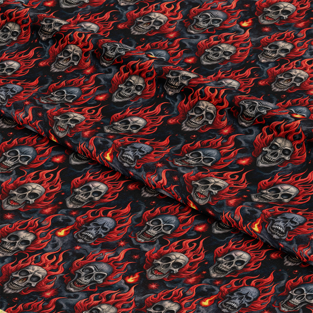 A patterned fabric featuring repeated illustrations of skulls with red and orange flames surrounding them on a black background. The skulls vary slightly in expression and orientation.