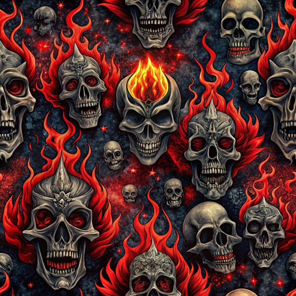 skulls, flames, red, orange, black, gray, gothic, dark fantasy, horror motifs, rock music theme, repeating pattern, quilting cotton, fabric panel, dramatic, edgy, fiery designs, bone imagery, alternative style, heavy metal aesthetic, seamless repeat