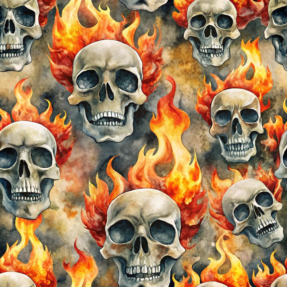 skulls, flames, fire, orange, red, yellow, gray, bone white, dark background, gothic pattern, rock and roll, edgy design, repeating motif, watercolor style, horror theme, punk aesthetic, quilting cotton, fabric panel, seamless pattern, dramatic imagery