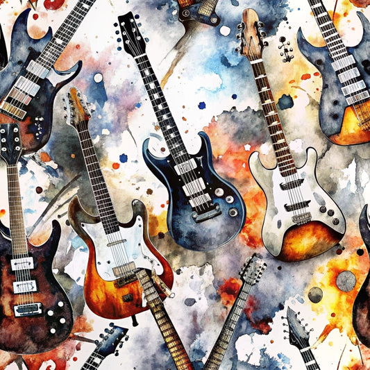 A pattern of electric guitars in various colors and shapes arranged against a watercolor-style background with splashes of orange, yellow, blue, and gray tones.