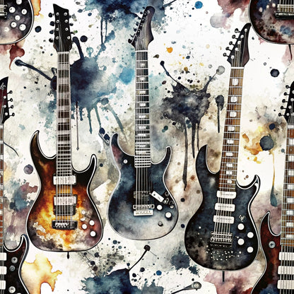 electric guitars, watercolor style, music instruments, rock and roll, navy blue, burnt orange, cream white, gray tones, splatter effects, quilting cotton, fabric panel, musical theme, artistic design, contemporary art, blues colors, guitar silhouettes, abstract background, modern pattern, instrument collage, watercolor wash
