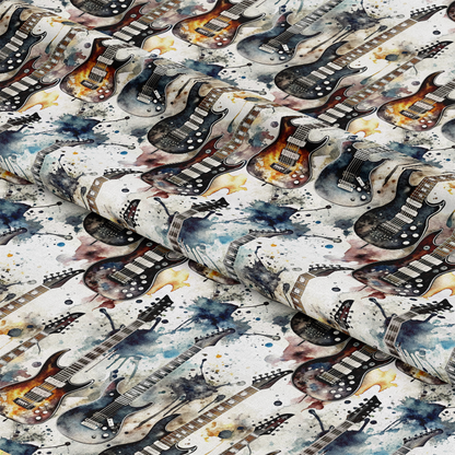 - Rock and Roll Pattern 33 Quilting Cotton Fabric  
- electric guitars  
- musical instruments  
- abstract splashes  
- watercolor style  
- beige, black, brown, blue, gray  
- vintage rock theme  
- cotton fabric  
- quilting material  
- artistic design  
- tonal variations  
- fabric yardage