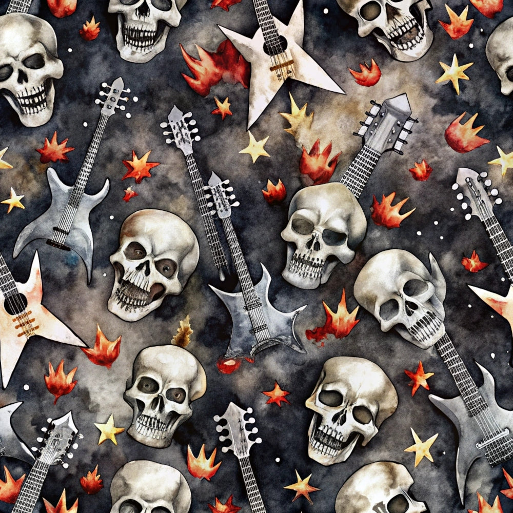 skulls, electric guitars, rock music, flames, stars, dark gray, black, red orange, yellow gold, cream white, watercolor style, heavy metal, music themed, gothic, edgy pattern, quilting cotton, fabric panel, musical instruments, fire elements, moody atmosphere