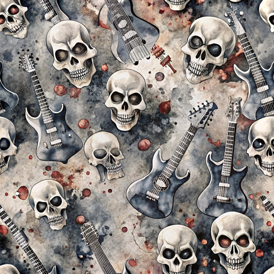 skulls, electric guitars, rock music, grunge style, gray background, cream colored, dark sockets, musical instruments, edgy pattern, gothic aesthetic, watercolor effect, distressed texture, repeating motif, quilting cotton, fabric panel, alternative style, music themed, skull pattern, guitar design, moody atmosphere