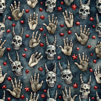 dark blue, teal background, skulls, skeleton hands, devil horns, red flowers, rock and roll, gothic, edgy, watercolor style, quilting cotton, fabric panel, halloween, spooky, alternative, music theme, hand gestures, bone white, crimson red, repeating pattern