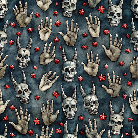 dark blue, teal background, skulls, skeleton hands, devil horns, red flowers, rock and roll, gothic, edgy, watercolor style, quilting cotton, fabric panel, halloween, spooky, alternative, music theme, hand gestures, bone white, crimson red, repeating pattern