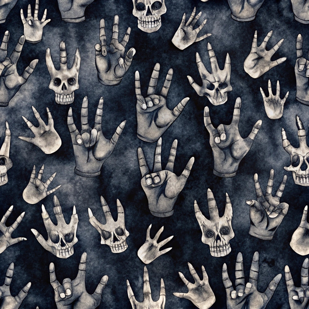 dark navy blue, charcoal gray, bone white, skeletal hands, human skulls, rock and roll, music theme, gothic pattern, macabre design, halloween motif, spooky aesthetic, hand gestures, rock horns sign, seamless repeat, quilting cotton, fabric panel, edgy style, alternative fashion, punk rock, death imagery