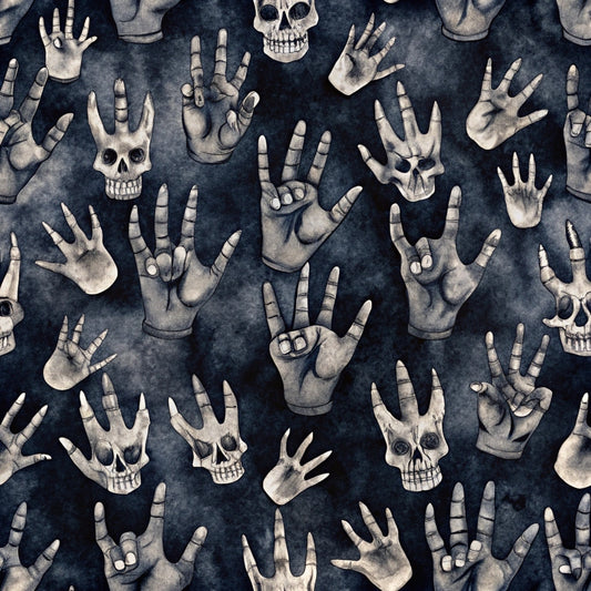 dark navy blue, charcoal gray, bone white, skeletal hands, human skulls, rock and roll, music theme, gothic pattern, macabre design, halloween motif, spooky aesthetic, hand gestures, rock horns sign, seamless repeat, quilting cotton, fabric panel, edgy style, alternative fashion, punk rock, death imagery