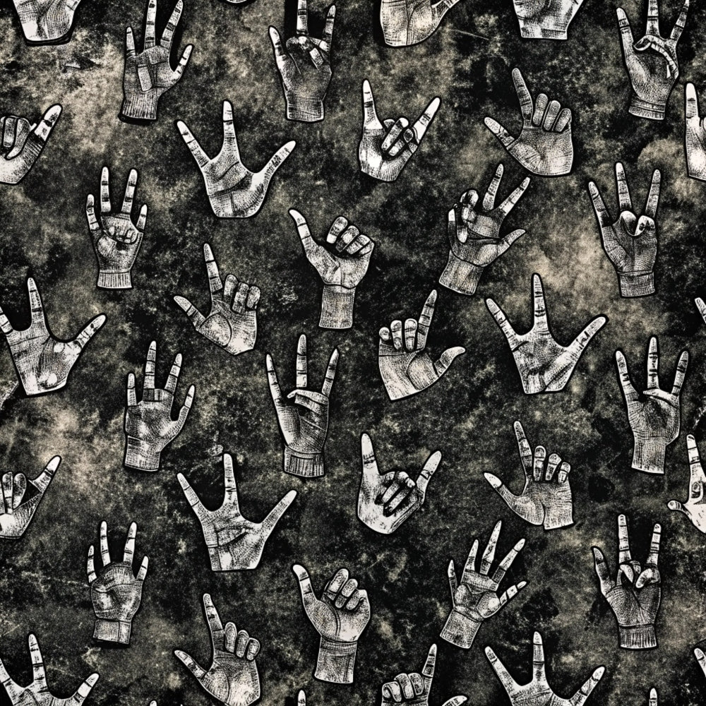 black, white, gray, grunge texture, hand gestures, rock hands, peace signs, pointing fingers, fists, vintage style, distressed background, music theme, rebellious mood, quilting cotton, fabric panel, monochrome, sketched hands, alternative style, edgy pattern