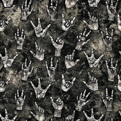 black, white, gray, grunge texture, hand gestures, rock hands, peace signs, pointing fingers, fists, vintage style, distressed background, music theme, rebellious mood, quilting cotton, fabric panel, monochrome, sketched hands, alternative style, edgy pattern
