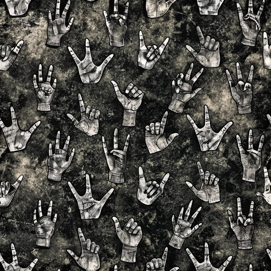 black, white, gray, grunge texture, hand gestures, rock hands, peace signs, pointing fingers, fists, vintage style, distressed background, music theme, rebellious mood, quilting cotton, fabric panel, monochrome, sketched hands, alternative style, edgy pattern