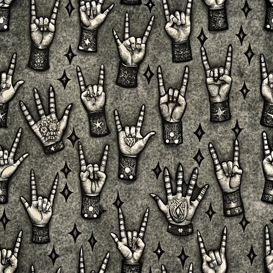 gray, charcoal, cream, black, white, rock hand gestures, horn hands, devil horns, rock and roll hands, mystical symbols, stars, diamonds, geometric shapes, tattoo style, vintage illustration, etched artwork, music theme, quilting cotton, fabric panel, gothic aesthetic, occult motifs, hand gestures, celestial elements