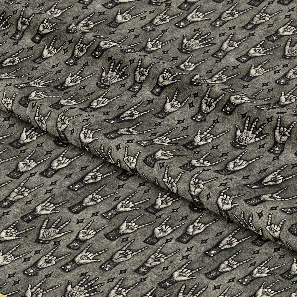 A patterned fabric featuring repeated illustrations of hands making various gestures, such as peace signs, pointing, and the rock on symbol, with some hands decorated with rings or tattoos on a gray background.