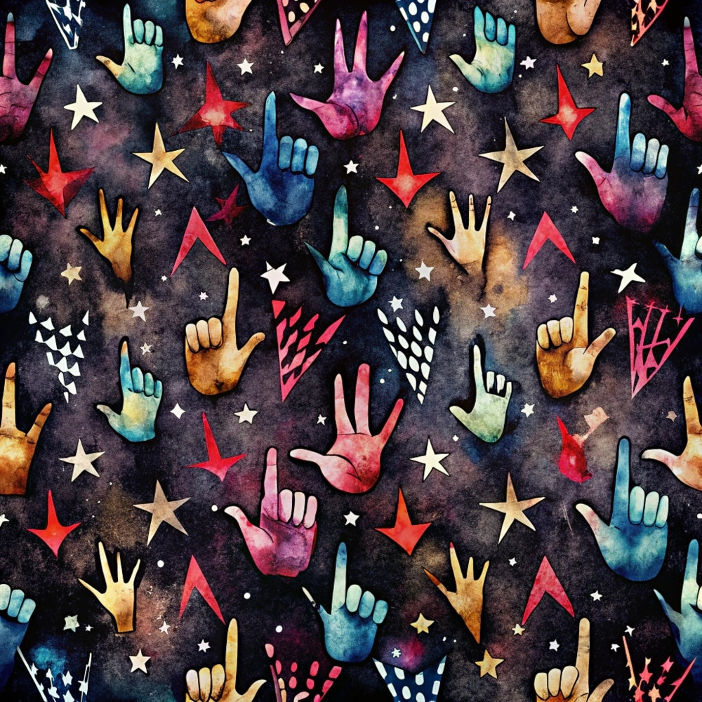 rock and roll, hand gestures, peace signs, watercolor effect, cosmic background, stars, geometric triangles, deep purple, teal blue, coral pink, golden yellow, galaxy colors, music theme, retro style, quilting cotton, fabric panel, celestial elements, tie-dye effect, bohemian vibe, concert vibes