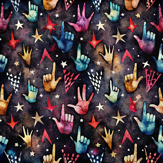 rock and roll, hand gestures, peace signs, watercolor effect, cosmic background, stars, geometric triangles, deep purple, teal blue, coral pink, golden yellow, galaxy colors, music theme, retro style, quilting cotton, fabric panel, celestial elements, tie-dye effect, bohemian vibe, concert vibes