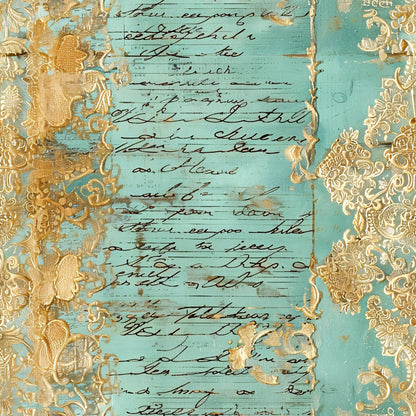 Romantic Rococo Turquoise Gold Pattern 11 Quilting Cotton Fabric