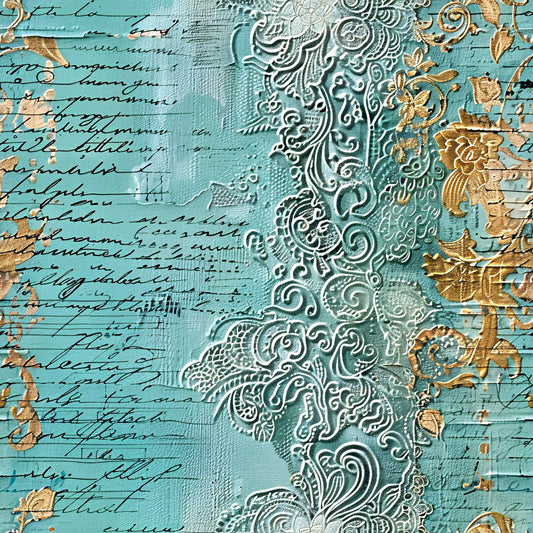 Romantic Rococo Turquoise Gold Pattern 12 Quilting Cotton Fabric