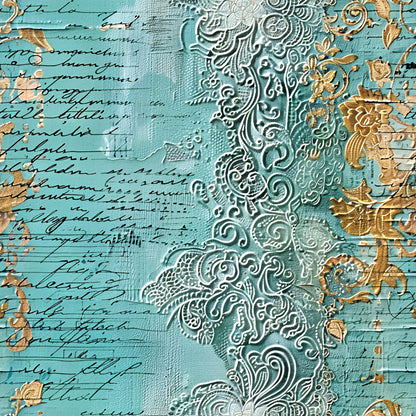 Romantic Rococo Turquoise Gold Pattern 12 Quilting Cotton Fabric