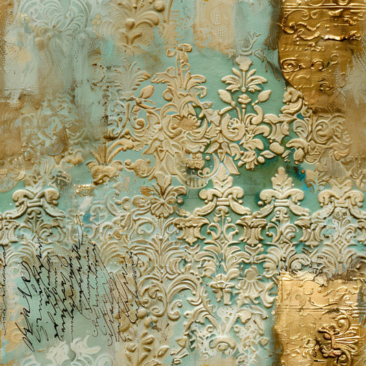 Romantic Rococo Turquoise Gold Pattern 14 Quilting Cotton Fabric