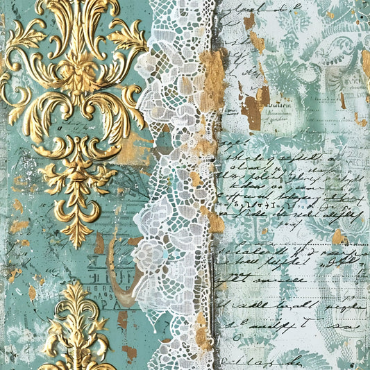 Romantic Rococo Turquoise Gold Pattern 15 Quilting Cotton Fabric