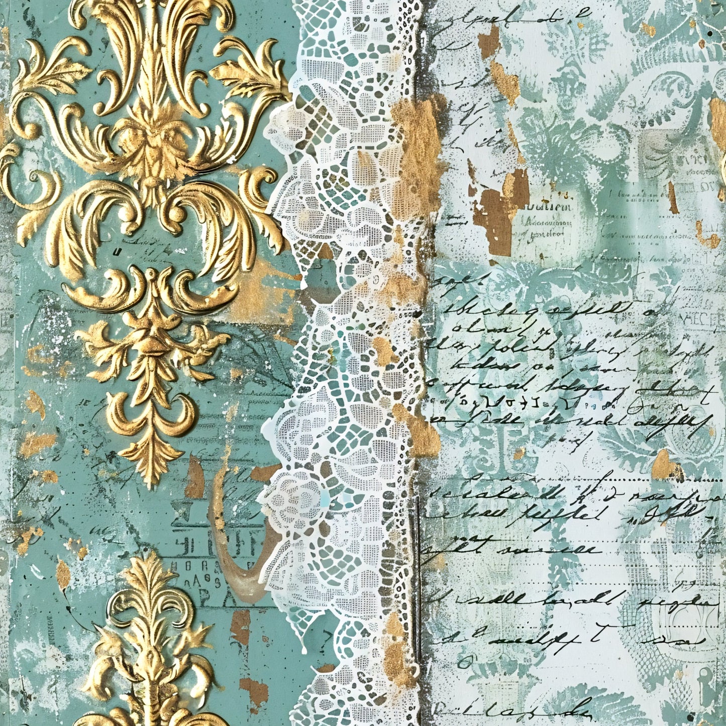Romantic Rococo Turquoise Gold Pattern 15 Quilting Cotton Fabric