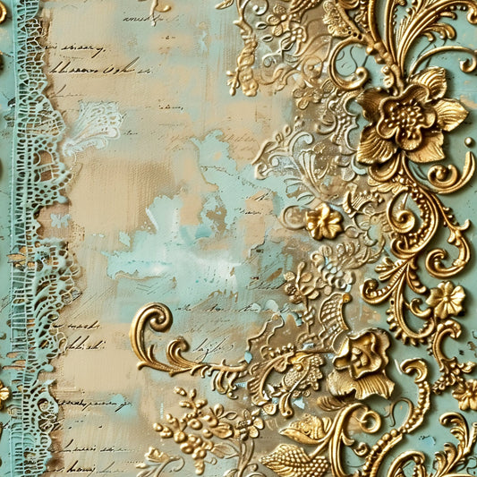 Romantic Rococo Turquoise Gold Pattern 16 Quilting Cotton Fabric