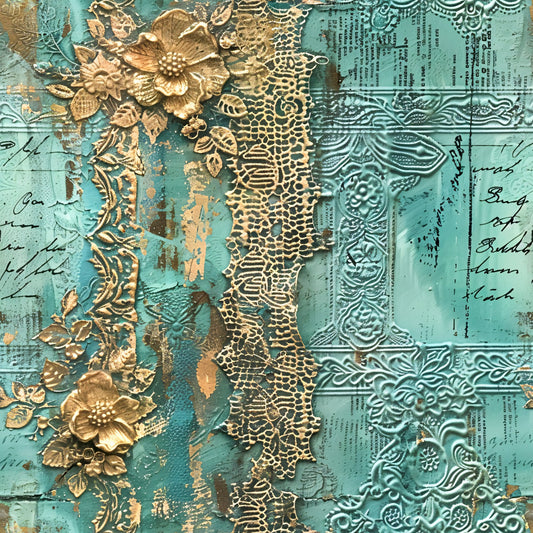 Romantic Rococo Turquoise Gold Pattern 18 Quilting Cotton Fabric