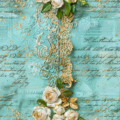 Romantic Rococo Turquoise Gold Pattern 1 Quilting Cotton Fabric