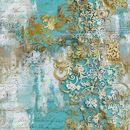 Romantic Rococo Turquoise Gold Pattern 20 Quilting Cotton Fabric
