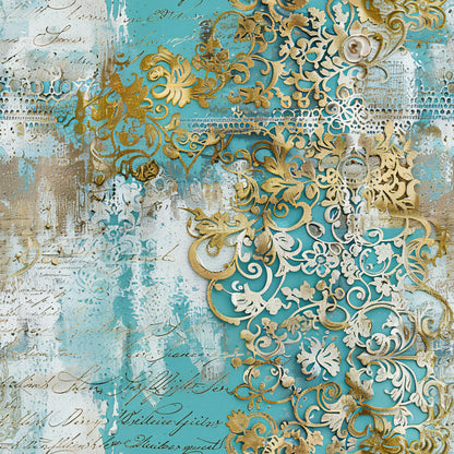 Romantic Rococo Turquoise Gold Pattern 20 Quilting Cotton Fabric