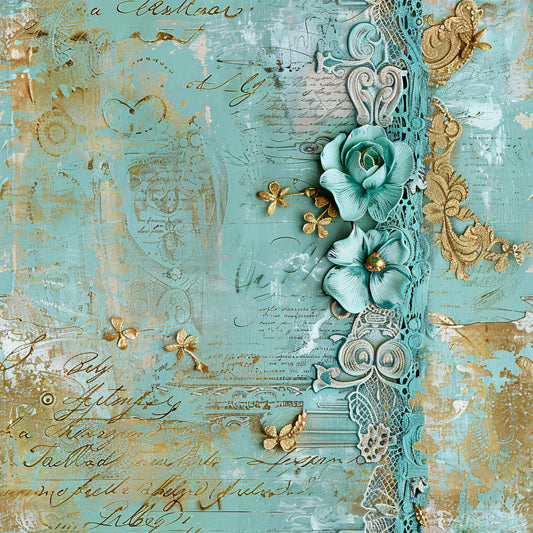 Romantic Rococo Turquoise Gold Pattern 5 Quilting Cotton Fabric