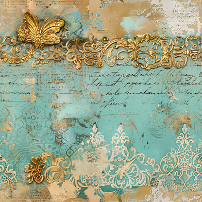 Romantic Rococo Turquoise Gold Pattern 6 Quilting Cotton Fabric