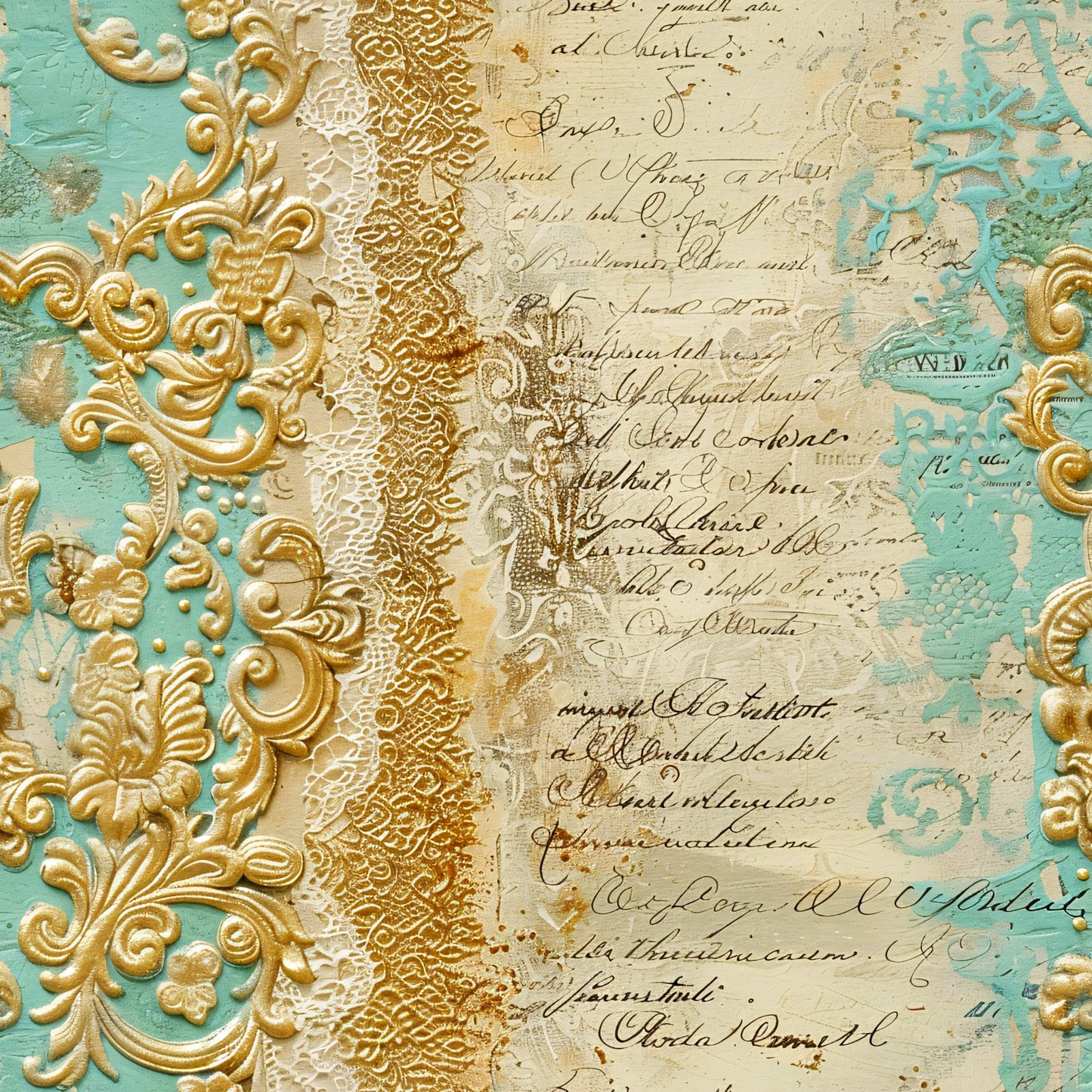 Romantic Rococo Turquoise Gold Pattern 7 Quilting Cotton Fabric