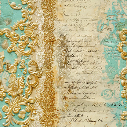 Romantic Rococo Turquoise Gold Pattern 7 Quilting Cotton Fabric