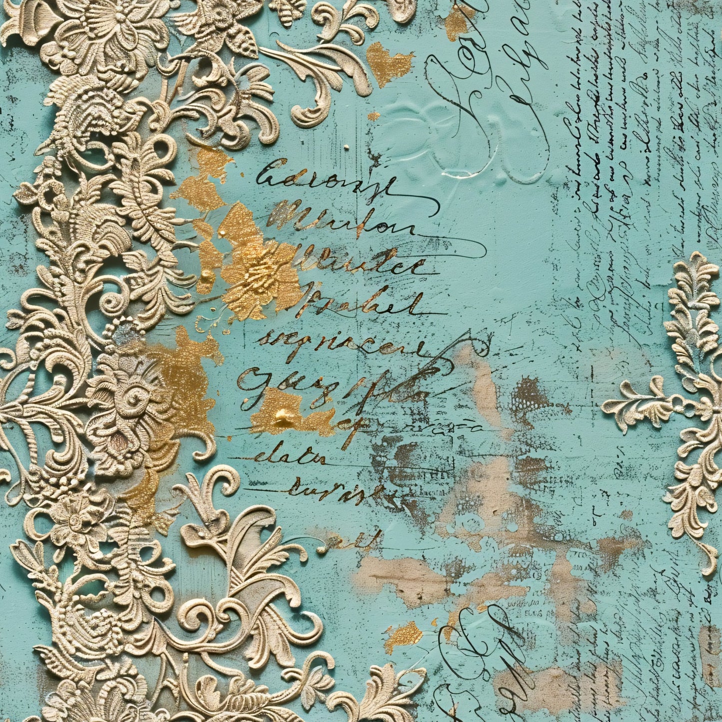 Romantic Rococo Turquoise Gold Pattern 8 Quilting Cotton Fabric