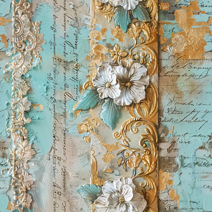 Romantic Rococo Turquoise Gold Pattern 9 Quilting Cotton Fabric