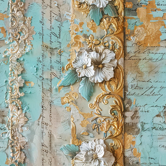 Romantic Rococo Turquoise Gold Pattern 9 Quilting Cotton Fabric