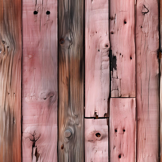 Vertical arrangement of wooden planks with varying shades of pink, brown, and natural wood. The texture is rough with visible grain patterns and multiple knots.