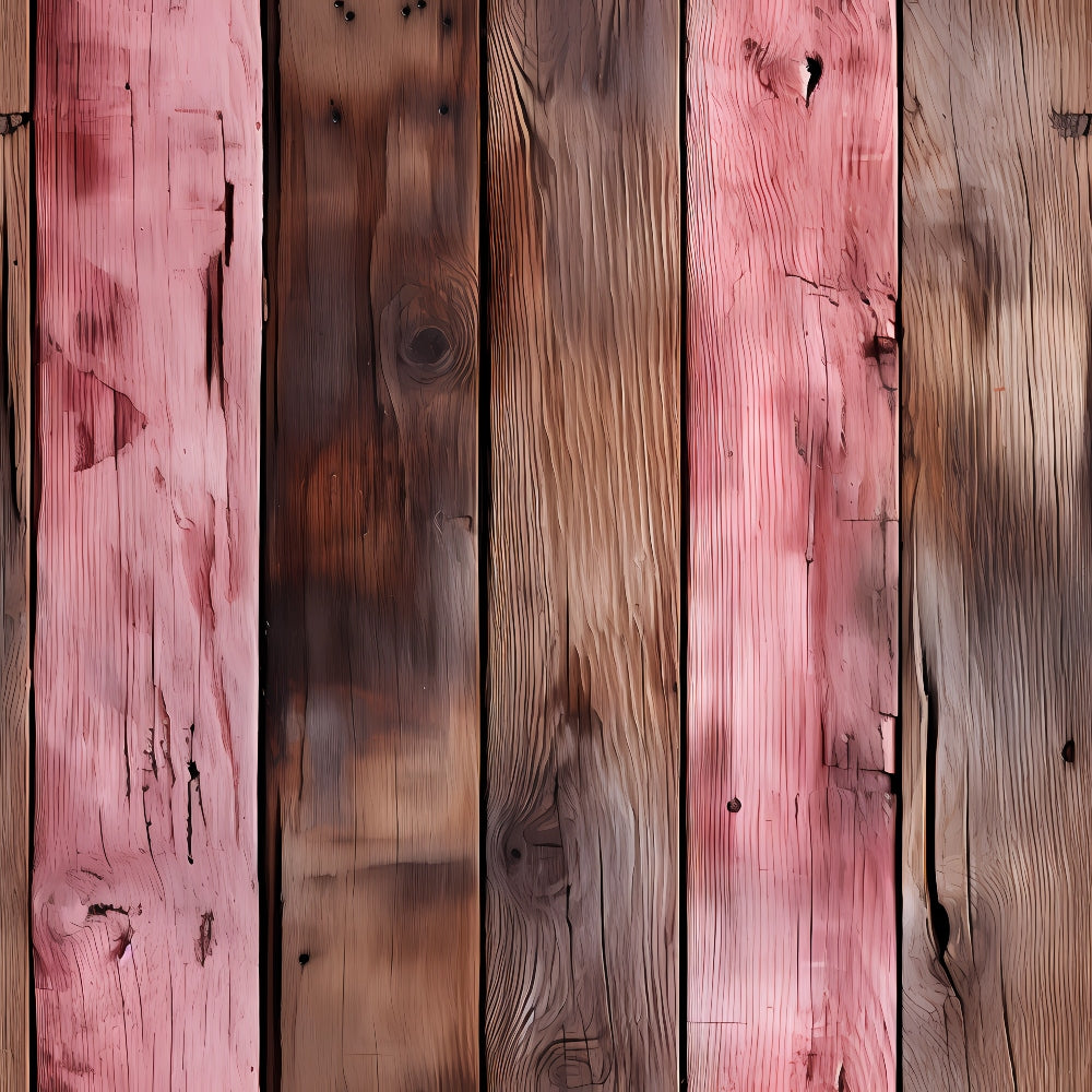 Four wooden planks, two stained with a reddish hue and two with a natural brown tone, displaying a textured, rustic surface.