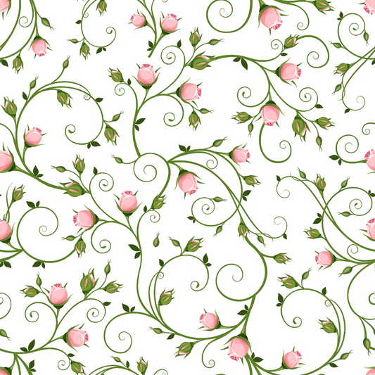 Seamless pattern of pink rosebuds and green swirling vines on a white background.