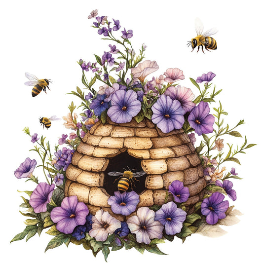 Rustic Beehive with Flowers Fabric Panel 12