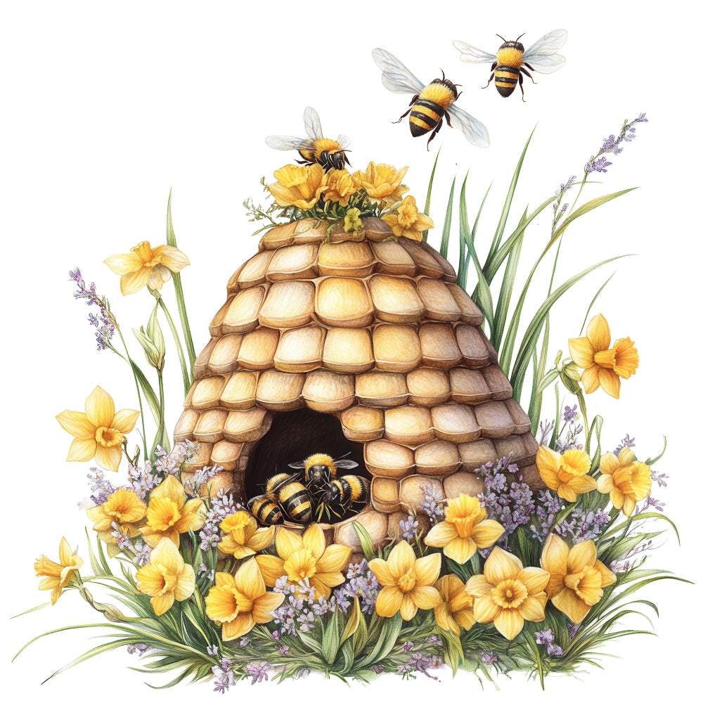 Rustic Beehive with Flowers Fabric Panel 15