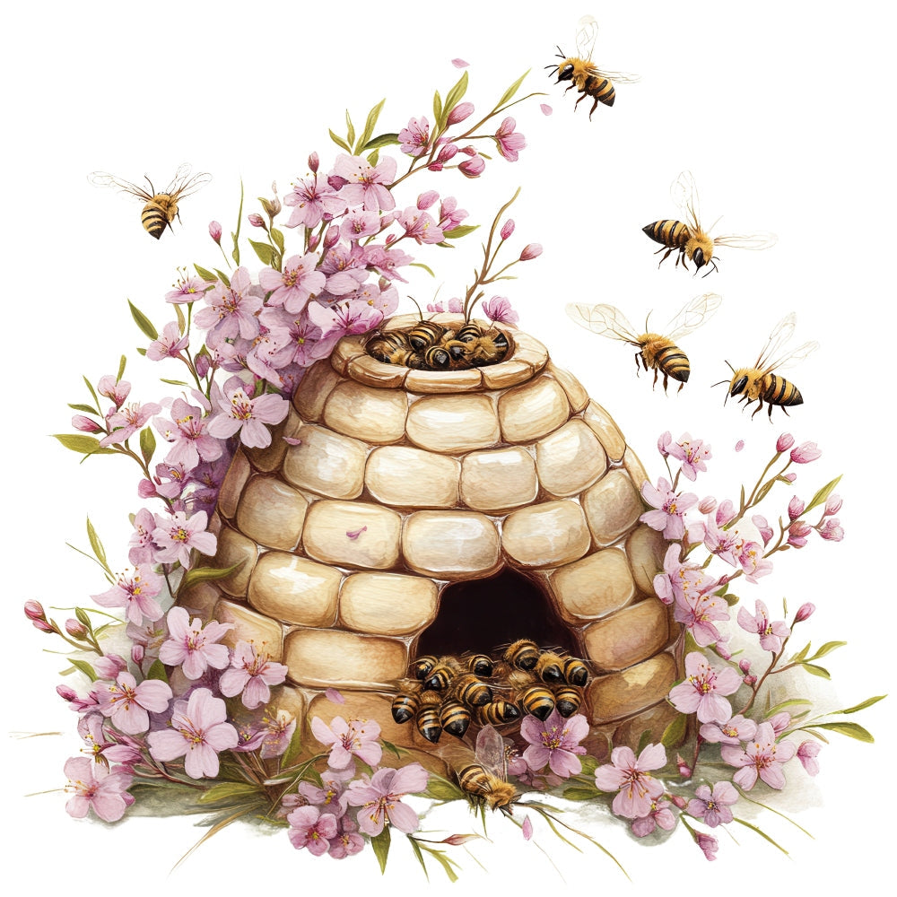 Rustic Beehive with Flowers Fabric Panel 2