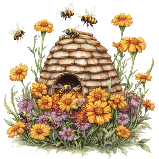 Rustic Beehive with Flowers Fabric Panel 23