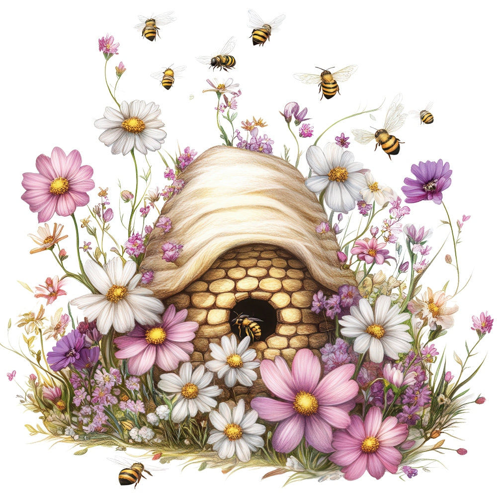 Rustic Beehive with Flowers Fabric Panel 24 – FabricMegaStore.com