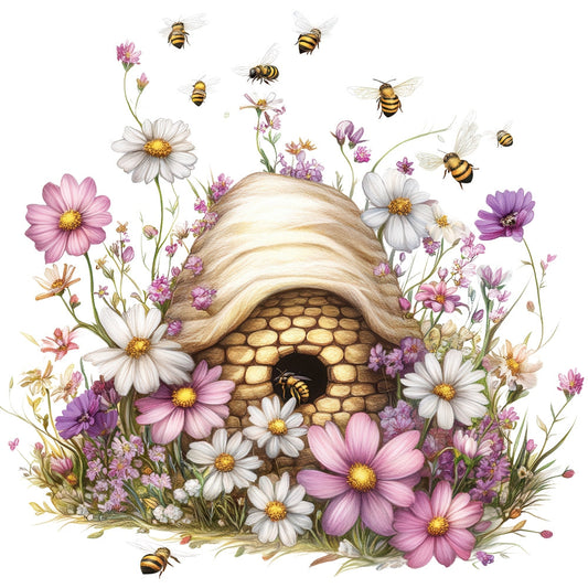 Rustic Beehive with Flowers Fabric Panel 24