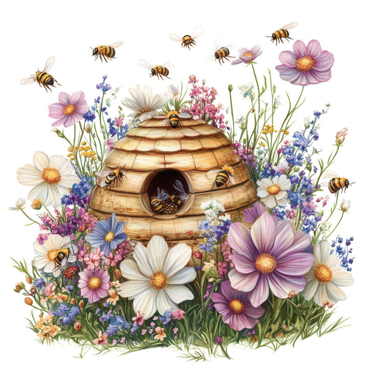 Rustic Beehive with Flowers Fabric Panel 25